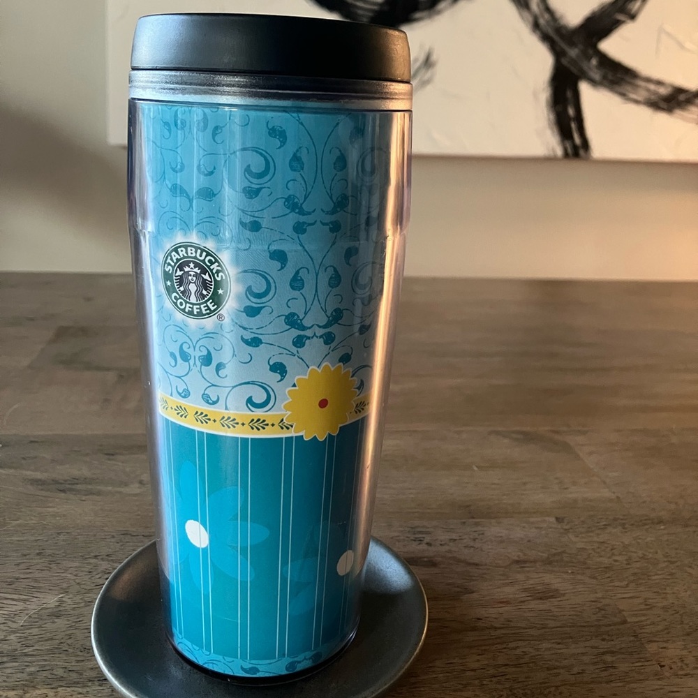 Starbucks 2002 Barista Travel Mug Blue with Yellow Flower 16 ounces